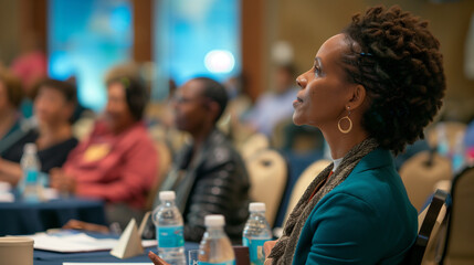 Attentive African-American Woman at Conference, Professional Engagement, Educational Event