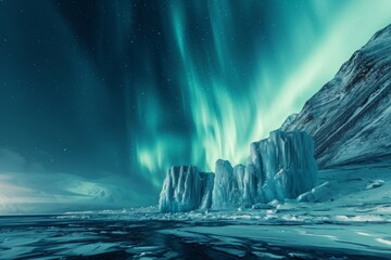 Fototapeta premium A massive iceberg floats in the middle of a vast body of water, showcasing its impressive size and presence, An ice castle glimmering under the Northern Lights, AI Generated