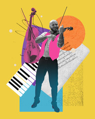 Stylish bald man with tattoos playing violin on abstract bright background with notes. Contemporary...