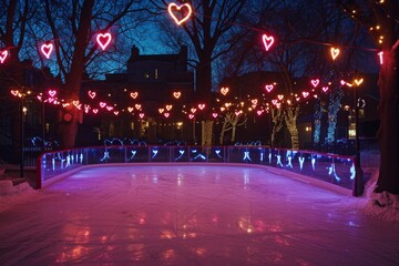 An illuminated skating rink adorned with twinkling lights and heart-shaped decorations, An ice-skating rink surrounded by heart-shaped lights, AI Generated