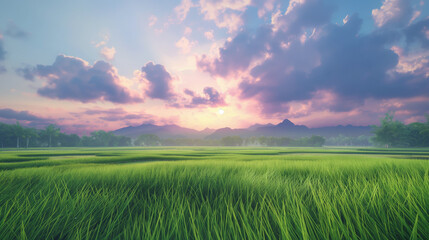 Fototapeta na wymiar A beautiful landscape capturing a paddy field under a clear blue sky with distant mountains