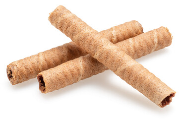 Chocolate waffle rolls isolated on white background.