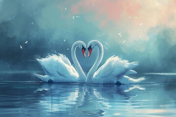 Two swans gracefully float on the surface of a serene lake, An illustration of two swans forming a heart shape on a serene lake, AI Generated - Powered by Adobe