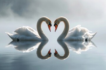 Fototapeta premium Two elegant white swans gracefully floating in the center of a serene lake, An illustration of two swans forming a heart shape on a serene lake, AI Generated
