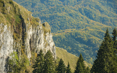 Detail of the rocky crest of Buila Vanturarita Massif. Sharp calcareous cliffs rise from the spruce forest, populating the mountain's ridge. Autumn season, Carpathia, Romania.  - obrazy, fototapety, plakaty