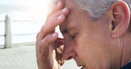 Old man, hand and headache pain or outdoor with brain fog in retirement or migraine, pressure or...