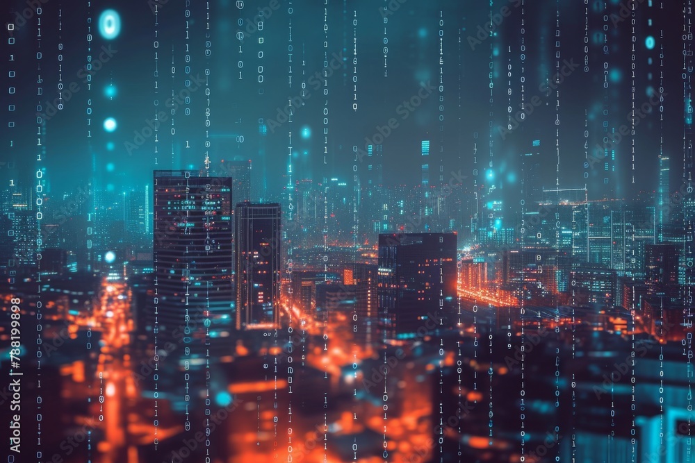 Poster a cityscape with data floating over it, an image of a binary code filled city during the night, ai g