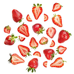 floated slices of strawberries isolate on transparency background PNG