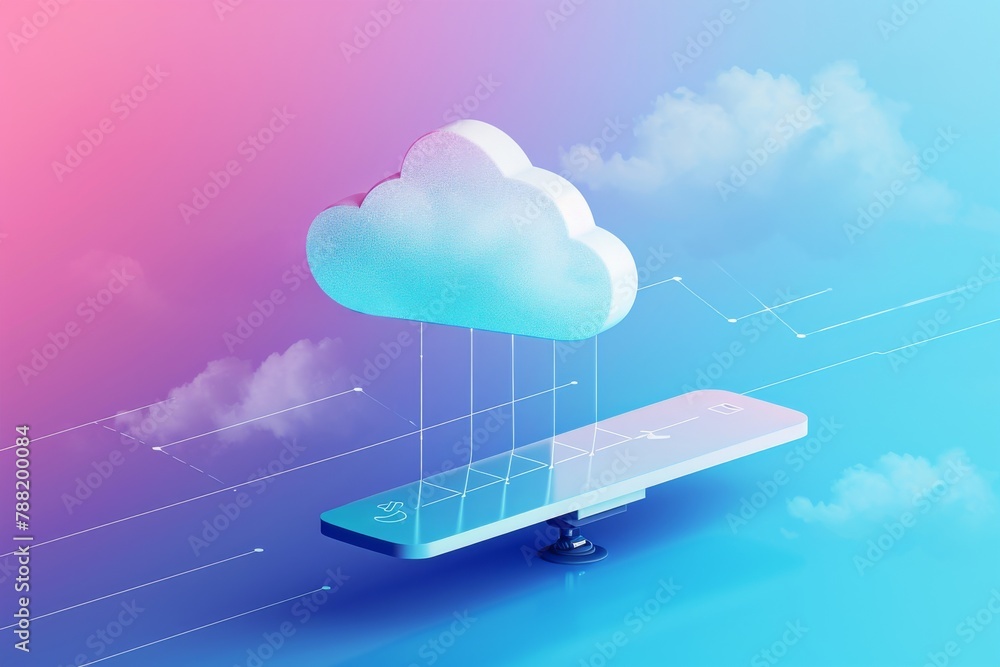 Poster a cloud floating on top of a cell phone, an image showing the harmonious balance between cloud and n