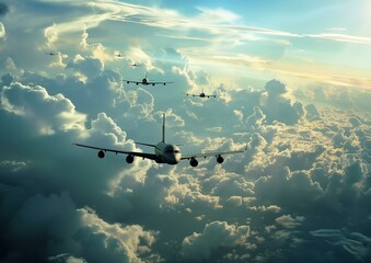 Naklejka premium Fleet of Commercial Airplanes Flying Above Clouds during Sunset