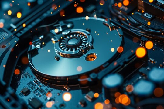 This close-up photo captures the intricate components and circuitry of a hard drive, An image symbolizing data recovery from a NAS device, AI Generated