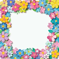 Fototapeta premium Floral patterns around edges. Beautiful background with delicate plants blooming at edges on white backdrop. Horizontal border with pastel spring summer flowers