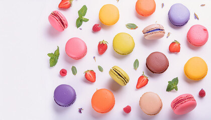 Obraz premium Closeup of macarons cakes. Top view flat lay bakery shop French pastry. Culinary and cooking concept