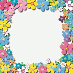 Fototapeta premium Floral patterns around edges. Beautiful background with delicate plants blooming at edges on white backdrop. Horizontal border with pastel spring summer flowers