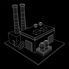 Industrial factory. Plant or Factory Building. Manufacturing building. Wireframe low poly mesh vector illustration.