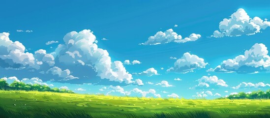 Fototapeta premium A green field beneath a blue sky dotted with clouds.