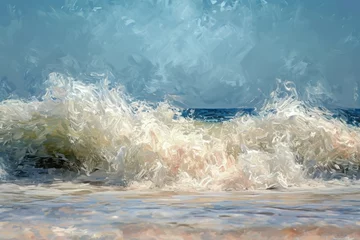Draagtas This photo depicts a dynamic painting capturing the powerful movement of a wave crashing onto the beach, An impressionist view of a calming ocean wave, AI Generated © Ifti Digital