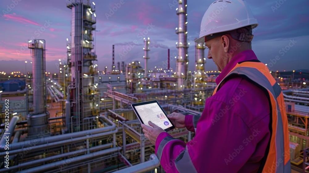 Poster engineer reviewing data at oil refinery with factory structures and pipelines under dramatic sky