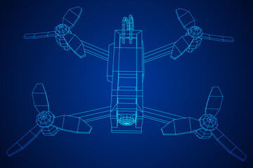 FPV Drone Racing freestyle sport flight. Hobby toys. Wireframe low poly mesh vector illustration.