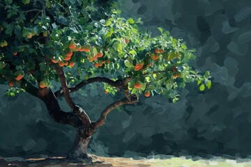 A realistic painting that depicts a tree adorned with oranges, An impressionistic representation of a fig tree, laden with ripe figs, AI Generated