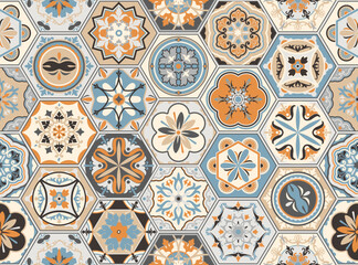 Talavera pattern. Indian patchwork, Turkish ornament. Moroccan mosaic. Ceramic dishes, folk print. Spanish pottery. Antique Moroccan, Portuguese hexagonal tiles. Mediterranean seamless vector.