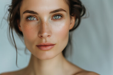 Naklejka premium Embrace the Charm of Natural Beauty: A Young Woman's Face with Freckles in High Definition, Exemplifying Authenticity 