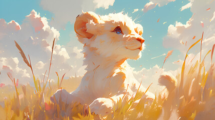 Cute baby lion in the forest background illustration