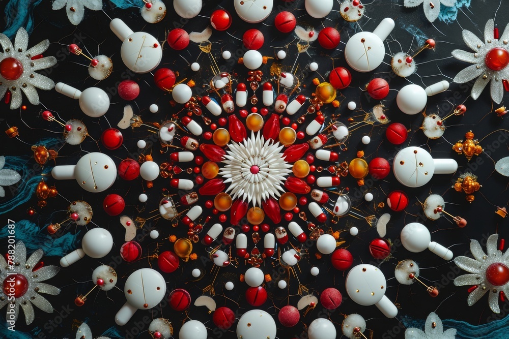 Poster this photo showcases a close up of a pattern created by an arrangement of white and red objects, an 