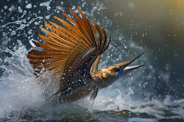 A bird gracefully spreads its wings while standing in the water, An intricate depiction of a sailfish's impressive speed and agility, AI Generated - obrazy, fototapety, plakaty