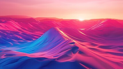 Desert landscape with rolling sand dunes transformed into swirling waves of neon pink and electric blue sand - obrazy, fototapety, plakaty