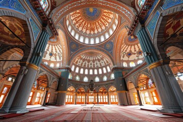 Fototapeta na wymiar A view of the interior of a spacious building featuring numerous windows, allowing natural light to fill the room, An intricate Ottoman mosque in Istanbul, AI Generated