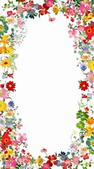 Fototapeta premium Floral patterns around edges. Beautiful background with delicate plants blooming at edges on white backdrop. Horizontal border with pastel spring summer flowers