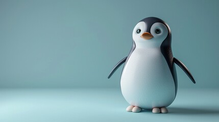 Obraz premium Charming Cute Kawaii 3D Mascot Cartoon Penguin Character with a Simplistic Design Standing Against a Soft Grey Background