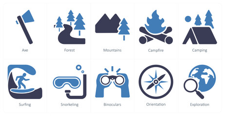A set of 10 adventure icons as axe, forest, mountains - obrazy, fototapety, plakaty