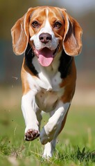 Energetic beagle dog happily running in lush green grass field, enjoying freedom and playtime