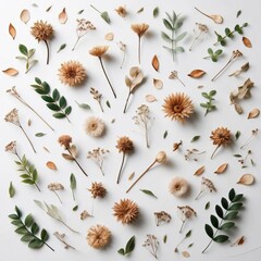 Delicate dried flowers and botanical elements spread out on a white background.