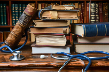 Medical education - stack of books with stethoscope on the table in library