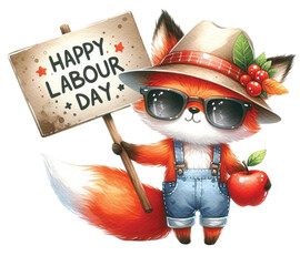 Fototapeta na wymiar Fox holding a sign labour day clipart watercolor 