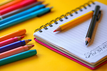 notebook, coloured pens, pencils and school stationery on yellow background. Education, learning and creativity