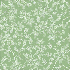 Set of leaves seamless repeating patterns. Randomly placed vector forest branches hand drawn throughout the print on a sage green and beige background.