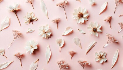 Delicate dried flowers and botanical elements spread out on a soft pink background. - obrazy, fototapety, plakaty