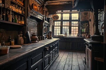 This photo showcases an old fashioned kitchen with classic wooden floors and cabinets, creating a warm and timeless atmosphere, An old-fashioned pub kitchen at the break of dawn, AI Generated