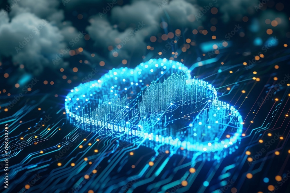 Poster a photo capturing a cloud resembling a computer chip as it hovers over a detailed circuit board, an 