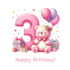 Watercolor birthday card with big number three and gift boxes