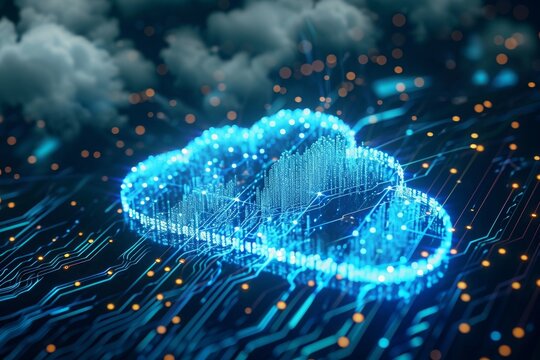 A photo capturing a cloud resembling a computer chip as it hovers over a detailed circuit board, An opcode based representation of data in cloud storage, AI Generated