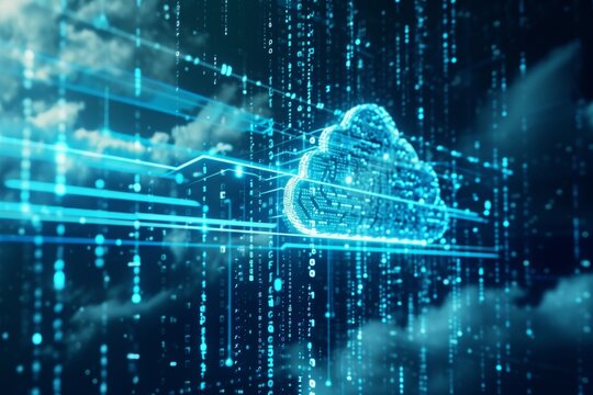 A single blue cloud effortlessly hovers in the expansive sky, creating a captivating visual spectacle, An opcode based representation of data in cloud storage, AI Generated