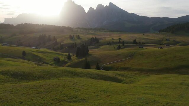 Aerial view of Dolomites at Seiser Alm, Trentino, Italy.