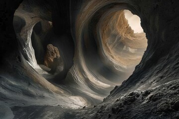A cave with a multitude of rocks and water, creating a captivating natural formation, An otherworldly landscape of strange, twisted rock formations, AI Generated