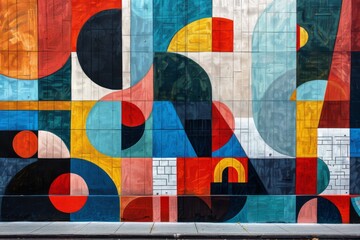 A vibrant street mural featuring an array of geometric shapes and bold colors on a textured urban wall, showcasing contemporary public art.