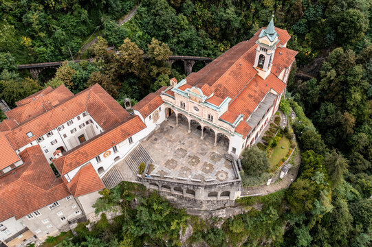 Locarno, Switzerland: Aerial view of the famous Madonna del Sasso church that  in the hills of Locarno in Canton Ticino in Switzerland